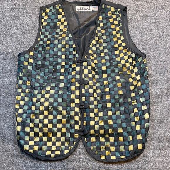Vintage 80s Effeci Checkerboard Vest Mens Medium Creazioni Black Tie Dye Artsy - Picture 1 of 7